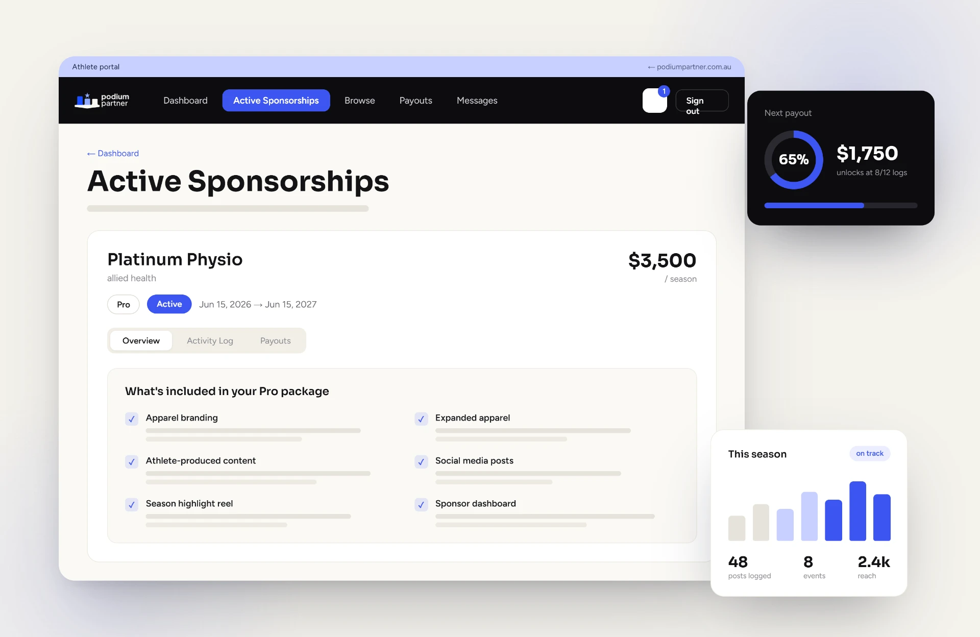 Podium Partner athlete portal showing active sponsorships, payouts and season stats